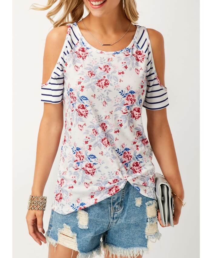 Printed Cold Shoulder Round Neck T Shirt
